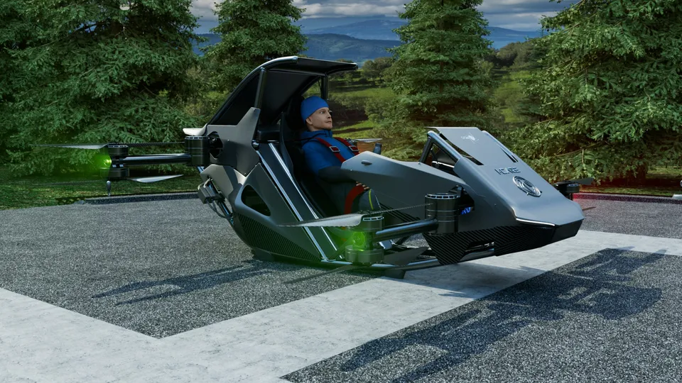 Drone lourd FE Flyer I-CARE posé sur une aire, cabine ouverte