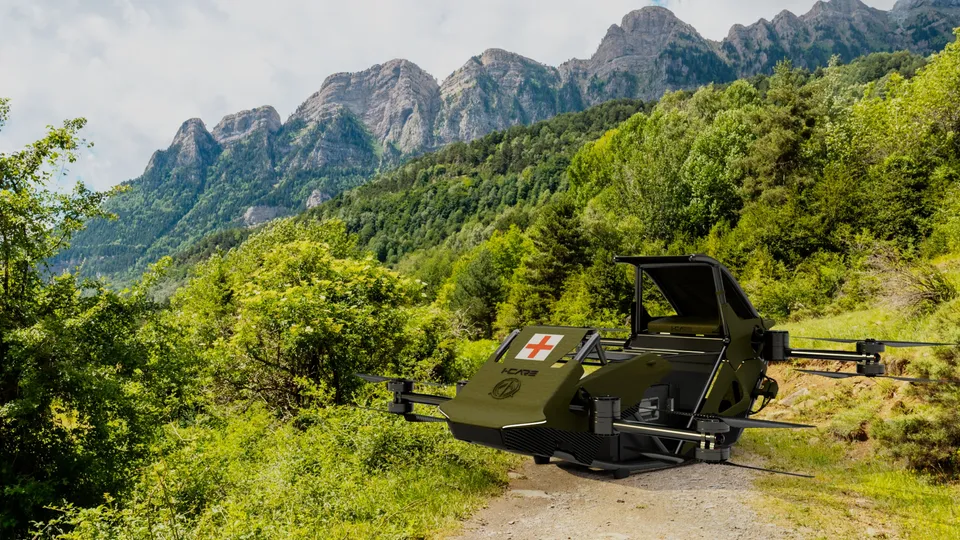 Le drone I-CARE posé dans un sentier de montagne, marquage médical